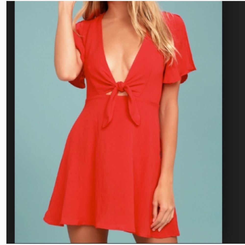 LULU’s Red Orange Tie Front Midi Dress Medium